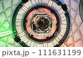 The camera glides through the spacecraft module, creating an animation suitable for fantastic, futuristic, or space travel-themed backgrounds. 111631199
