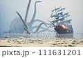 During a raging storm and tempest, a colossal Kraken, a medieval ship's bane, launches its monstrous tentacles from the depths, attacking a medieval ship in a terrifying spectacle. 111631201