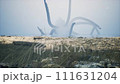 As the sun sets, a colossal Kraken, an abyssal behemoth, unfurls its monstrous tentacles from the depths, looming over the coastline in a terrifying spectacle that chills the bravest souls to the bone 111631204