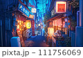 Narrow alley surrounded by taverns at sunset - Loop video of anime style watercolor illustration 111756069
