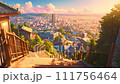 A lively city seen from the sunlit stairs - Loop video of anime feng shui color illustrations 111756464