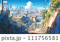 Panoramic view of the city from the top of the stairs bathed in sunlight - Loop video of anime feng shui color illustrations 111756581