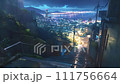 A sparkling night cityscape seen from the stairs on a hill after the rain - a looped video of anime feng shui color illustrations 111756664