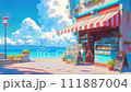 Bright blue sky and charming pastry shop by the sea - Looping anime style watercolor illustration video 111887004