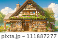 A thatched roof bakery surrounded by flowerbeds - Looping anime feng shui color illustration video 111887277