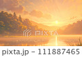 Misty lake and golden sunset - Looping anime feng shui color illustration video 111887465