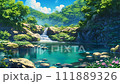 A waterfall oasis in a quiet forest - Looping anime feng shui color illustration video 111889326