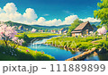 Spring harmony in a rural village along the river - Looping anime feng shui color illustration video 111889899