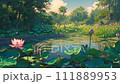 Lotus flowers floating in a forest pond - Looping anime feng shui color illustration video 111889953