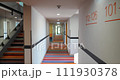Dynamic walk along a brightly colored carpet in a chic hotel corridor 111930378