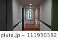 Steadicam view of a deserted hotel corridor with striped carpet 111930382