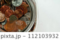 Closeup coins falling into glass jar with audio with white copy space. concepts of saving, thriftiness, business, finance, buying a home, and economics. High quality 4k footage 112103932