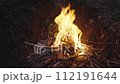 People burning wood on a bonfire with orange flames, camping barbecue 112191644