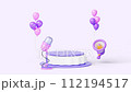 Podium display, empty stage with microphone, megaphone or loudspeaker, balloons on pink background 3d animation. Holiday banner for marketing promotion, sale announcement, Cartoon render icons 112194517