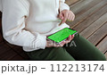 a toddler sits on a bench and clicks on the phone horizontal orientation with green screen  112213174