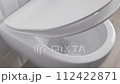 Flush the toilet. Modern plumbing smoothly lowering and closing soft-closing toilet seat and lid. The flow of clean fresh water flowing into the sewer. 112422871