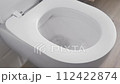 Half flush with half flow in a dual-flush toilet for economical consumption of fresh water. Eco-friendly use of plumbing, plumbing and sewerage in the bathroom. 112422874