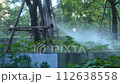 熱い夏の日、日を浴びた木々に散水するスプリンクラー 112638558