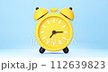 Cute 3D cartoon yellow alarm clock on light blue background with accelerated time and approaching to camera. Concept of time-management, deadline, morning routine. High quality 4k footage time lapse. 112639823