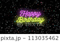 a bright pink and blue neon sign that says "Happy Birthday" in capital letters. The sign is on a black background and there are colorful confetti pieces scattered around the text. 113035462