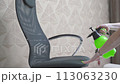 A woman sprays cleaning agent on a black armchair to remove stains. General cleaning 113063230