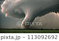 AI-generated content. Massive tornado funnel, thunderstorm over plains. Outdoors view. Ecology problem. Slow motion of realistic vortex, dangerous weather phenomenon 113092692
