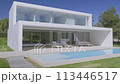Home with a pool out front, surrounded by grass, trees, and a water fixture 113446517