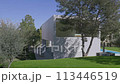 A white house with a roof nestled on a lush green hill, surrounded by trees 113446519