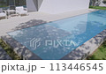 The backyard features a spacious swimming pool for aquatic fun 113446545