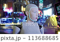 female robot walking along a street in a big city. humanoid AI robot crossing street. 3d animation. future automation job. 113688685