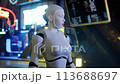 female robot walking along a street in a big city. humanoid AI robot crossing street. 3d animation. future automation job. 113688697