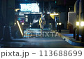 female robot walking along a street in a big city. humanoid AI robot crossing street. 3d animation. future automation job. 113688699