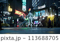 female robot walking along a street in a big city. humanoid AI robot crossing street. 3d animation. future automation job. 113688705