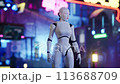 female robot walking along a street in a big city. humanoid AI robot crossing street. 3d animation. future automation job. 113688709