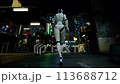 female robot walking along a street in a big city. humanoid AI robot crossing street. 3d animation. future automation job. 113688712