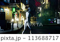 female robot walking along a street in a big city. humanoid AI robot crossing street. 3d animation. future automation job. 113688717
