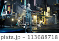 female robot walking along a street in a big city. humanoid AI robot crossing street. 3d animation. future automation job. 113688718