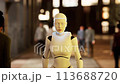 female robot walking along a street in a big city. humanoid AI robot crossing street. 3d animation. future automation job. 113688720