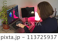 Young woman using a laptop and graphic tablet at home in the evening 113725937