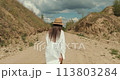 Young Caucasian woman dressed in cowboy style in the summer field 113803284