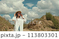 Woman dressed in country style posing in the summer field 113803301