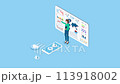 Social media monitoring and analytics tools with Woman explains about SEO, marketing research user and customer behavior. 2D isometric Animation 113918002