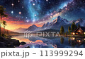 山脈、流星、閃亮的星空、可以看到銀河系的房子、太空和河流、循環視頻 113999294