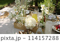 beautiful wedding table with food and drinks for an outdoor banquet in the park	 114157288
