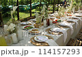 beautiful wedding table with food and drinks for an outdoor banquet in the park	 114157293