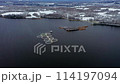Aerial Symphony. Snow Kissed Fish Cages in Winter Quietude. Aerial drone shot 114197094