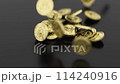 Fountain of gold coins on black background. Gold coins fall on a white surface. 4k. Golden rain on black background. 3d rendering 114240916