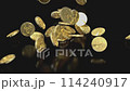 Fountain of gold coins on black background. Gold coins fall on a white surface. 4k. Golden rain on black background. 3d rendering 114240917