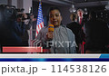 African American female reporter speaks for political TV news program live on Election Day 114538126