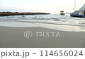 Seascape view in sunrise, morning over sea with small ships. Summer. Israel 114656024